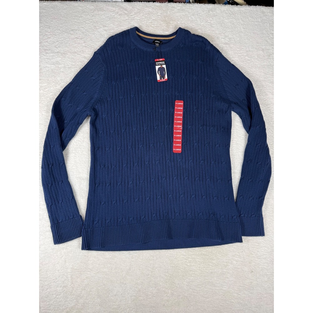Express Cable Knit‎ Sweater Mens XL Blue New NWT Cotton Crew Neck Long Sleeve